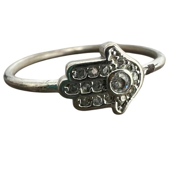 Rhinestone studded silver tone Hamsa hand ring - size 7 - Picture 1 of 5